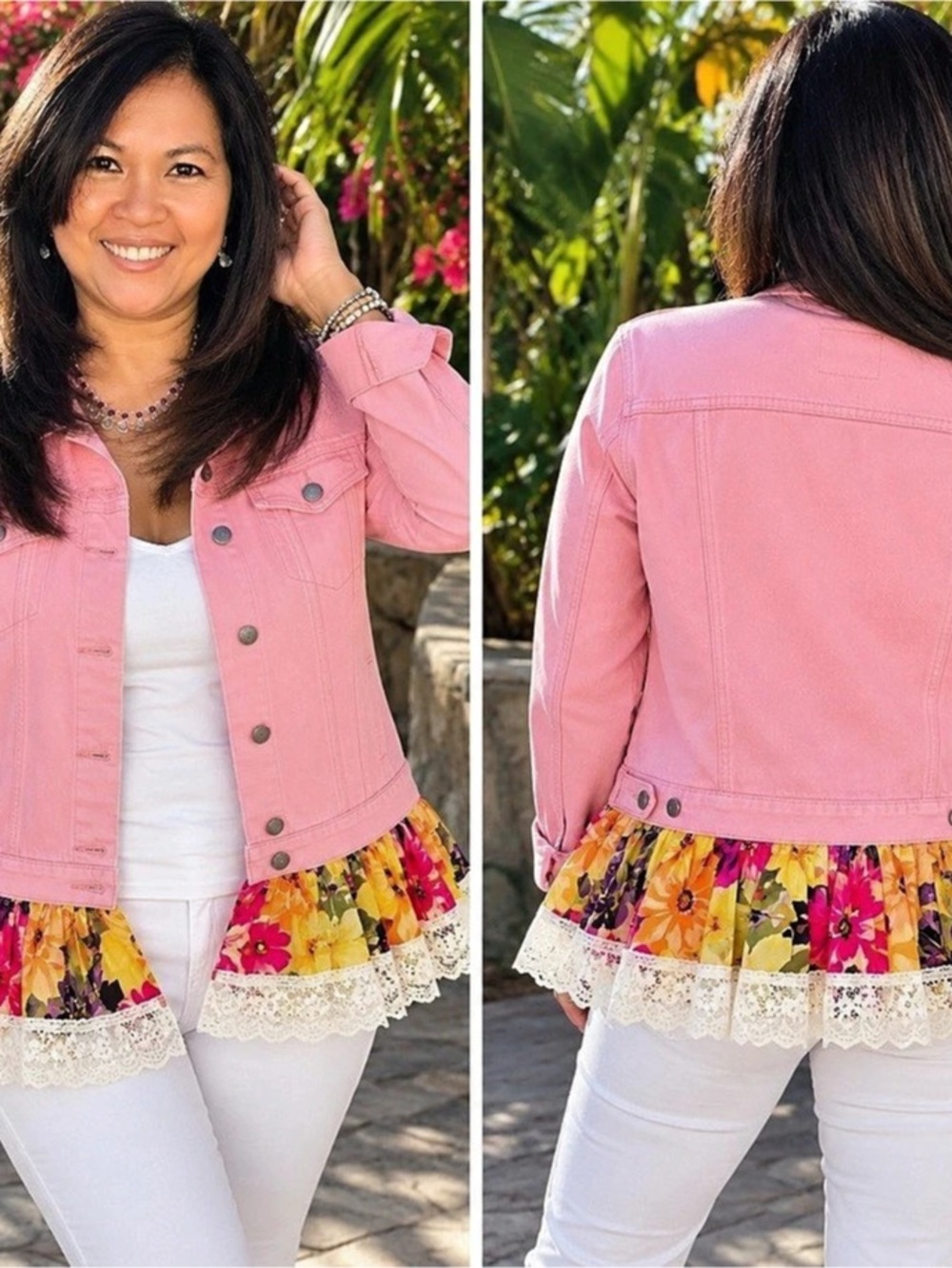 🌺 Second Chance by Aloha – Refashioned Pink Floral & Lace Denim Jacket